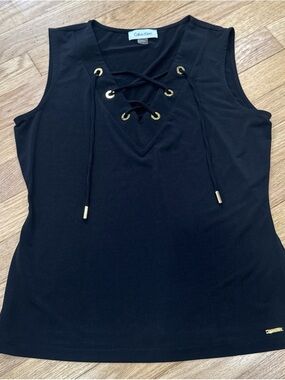 Calvin Klein Black Lace-Up V-Neck Tank with Gold Accents